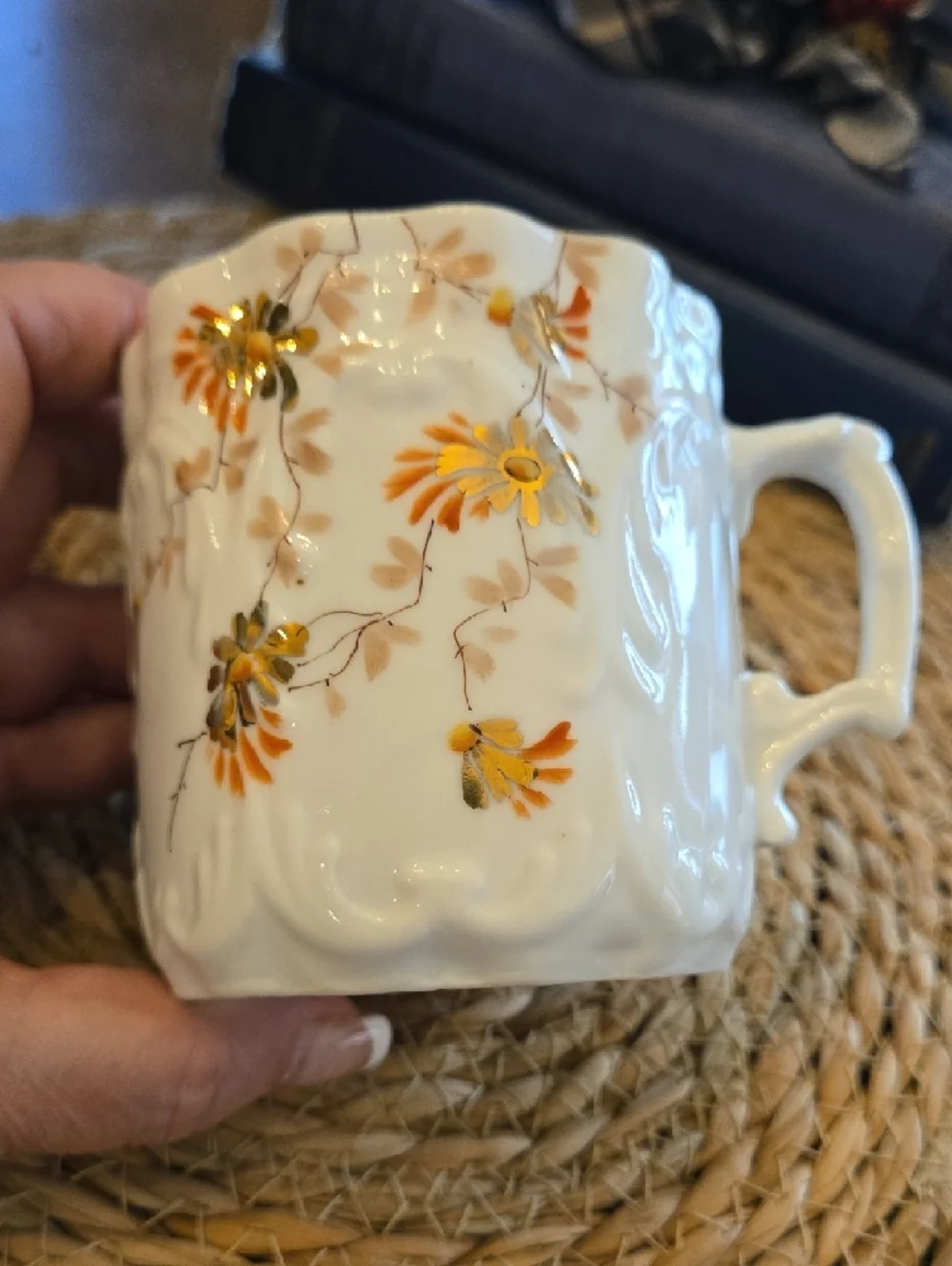 Vintage Floral Shaving Mustache Mug in Cream with Orange & Gold Accents